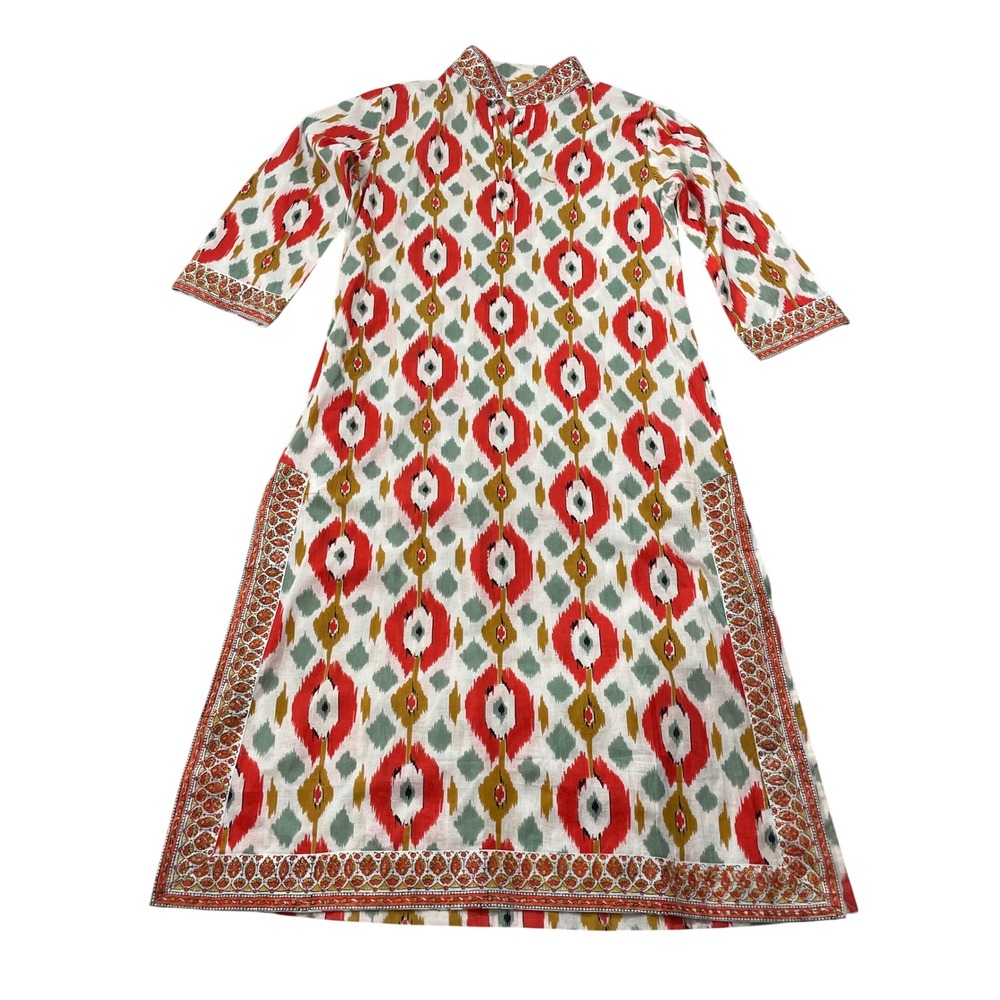 The Summer House India 100% Cotton Long Tunic Dress Ikat Geometric Print Small